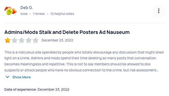 To read these comments in their entirety go to sitejabber.com/reviews/websleuths.com