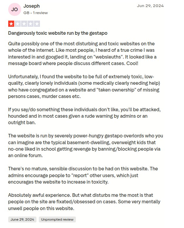 To read these comments in their entirety go to trustpilot.com/review/www.websleuths.com